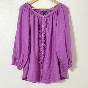 Ralph Lauren LRL Linen Magenta Blouse Button Down Peasant Ruffle Gathered Sleeve